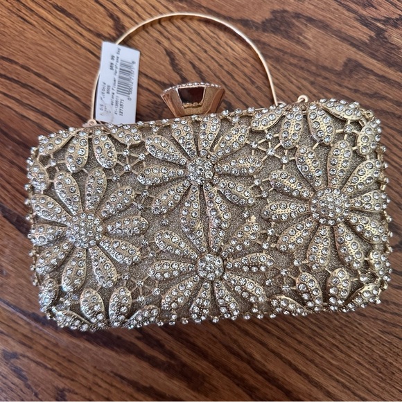 NWT Sparkly Gold Flower Handle  Rhinestones Evening Wedding Bridal Clutch Bag - Picture 7 of 9